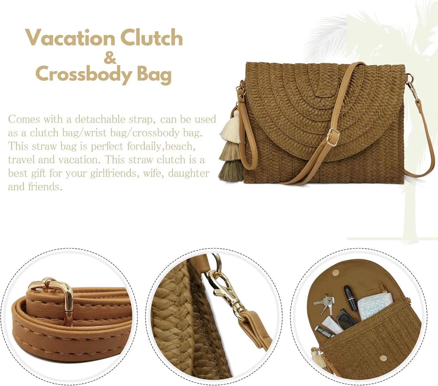 Aovtero Straw Clutch Purse Women Crossbody Bag Summer Beach Shoulder Bags Envelope Wallet Handbags