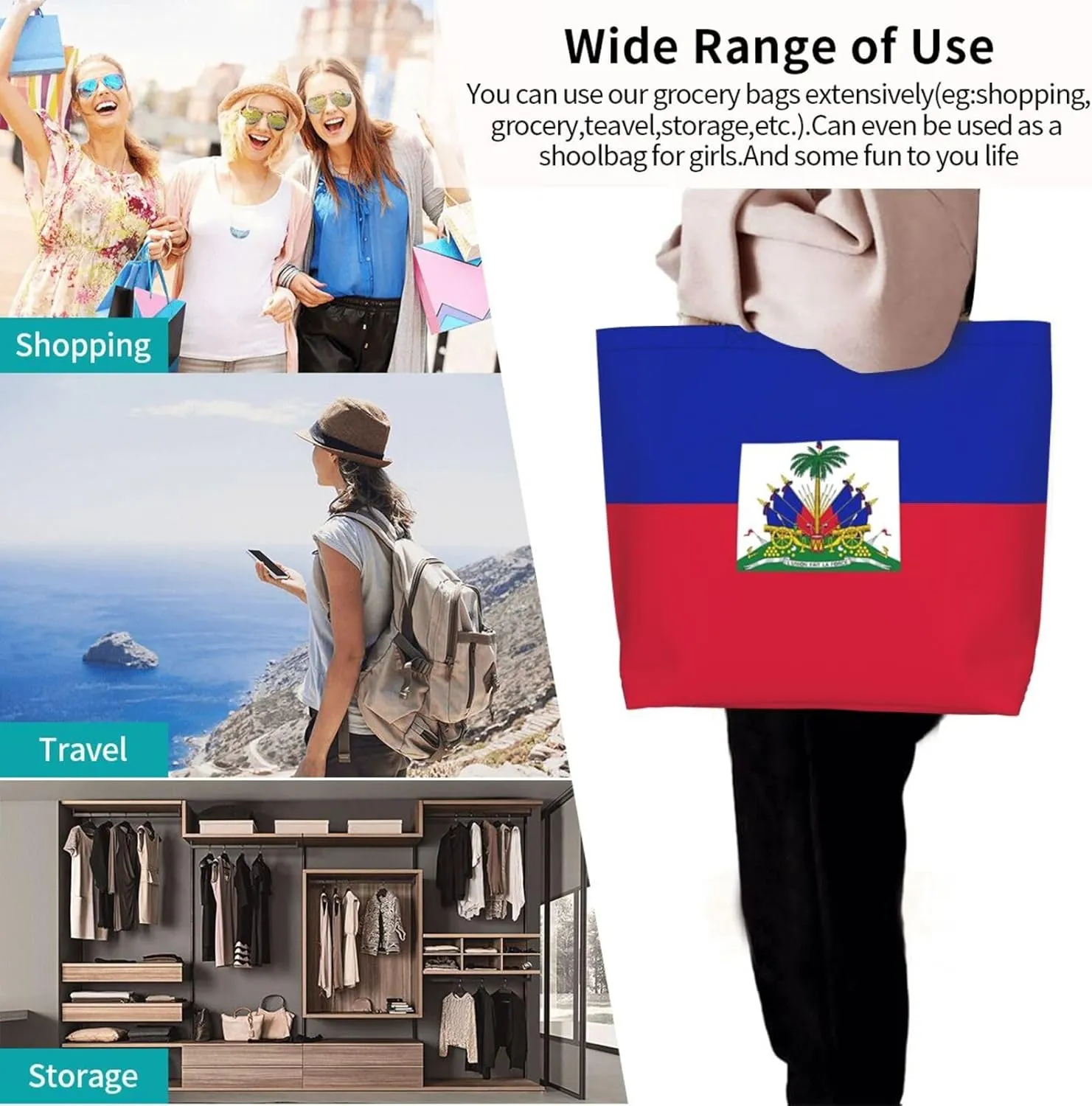 ASYG Cute Flag Tote Bag Large Women Casual Shoulder Bag Handbag Reusable Patriotic Shopping Grocery Bag
