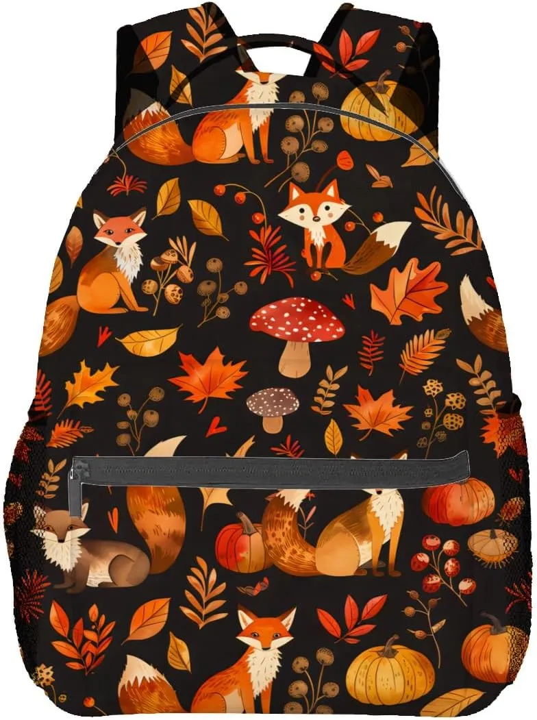 Autumn Fox Backpack,Cute Woodland Animal Polyester Backpacks,Lightweight Double Shoulder Back Pack for Kids Teens,Fall Pumpkin Bookbag,School Bag Gifts,Casual Travel Daypack Book Packs
