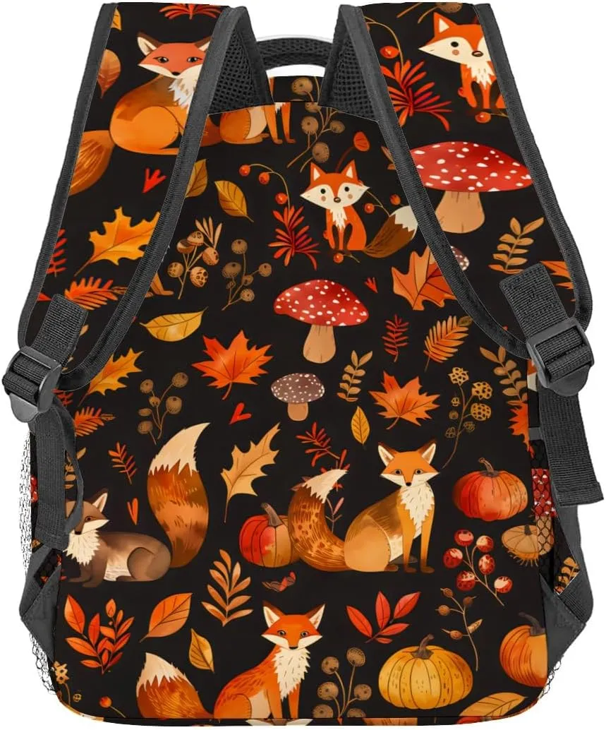 Autumn Fox Backpack,Cute Woodland Animal Polyester Backpacks,Lightweight Double Shoulder Back Pack for Kids Teens,Fall Pumpkin Bookbag,School Bag Gifts,Casual Travel Daypack Book Packs