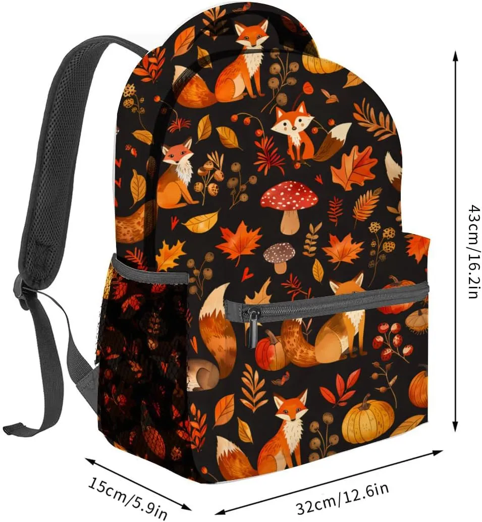 Autumn Fox Backpack,Cute Woodland Animal Polyester Backpacks,Lightweight Double Shoulder Back Pack for Kids Teens,Fall Pumpkin Bookbag,School Bag Gifts,Casual Travel Daypack Book Packs