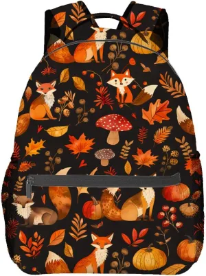 Autumn Fox Backpack,Cute Woodland Animal Polyester Backpacks,Lightweight Double Shoulder Back Pack for Kids Teens,Fall Pumpkin Bookbag,School Bag Gifts,Casual Travel Daypack Book Packs