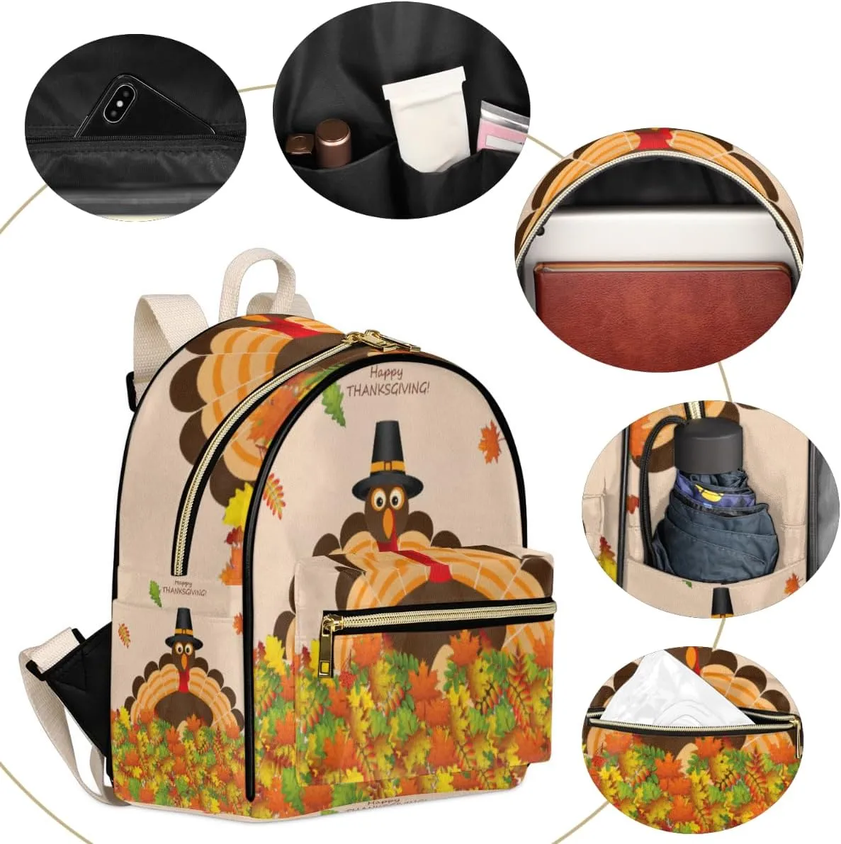 Autumn Thanksgiving Turkey Mini Backpack Purse for Women Teen Girls, Fall Leaves Leather Small Backpack Lightweight Casual Travel Daypacks Shoulder Bag for Fashion