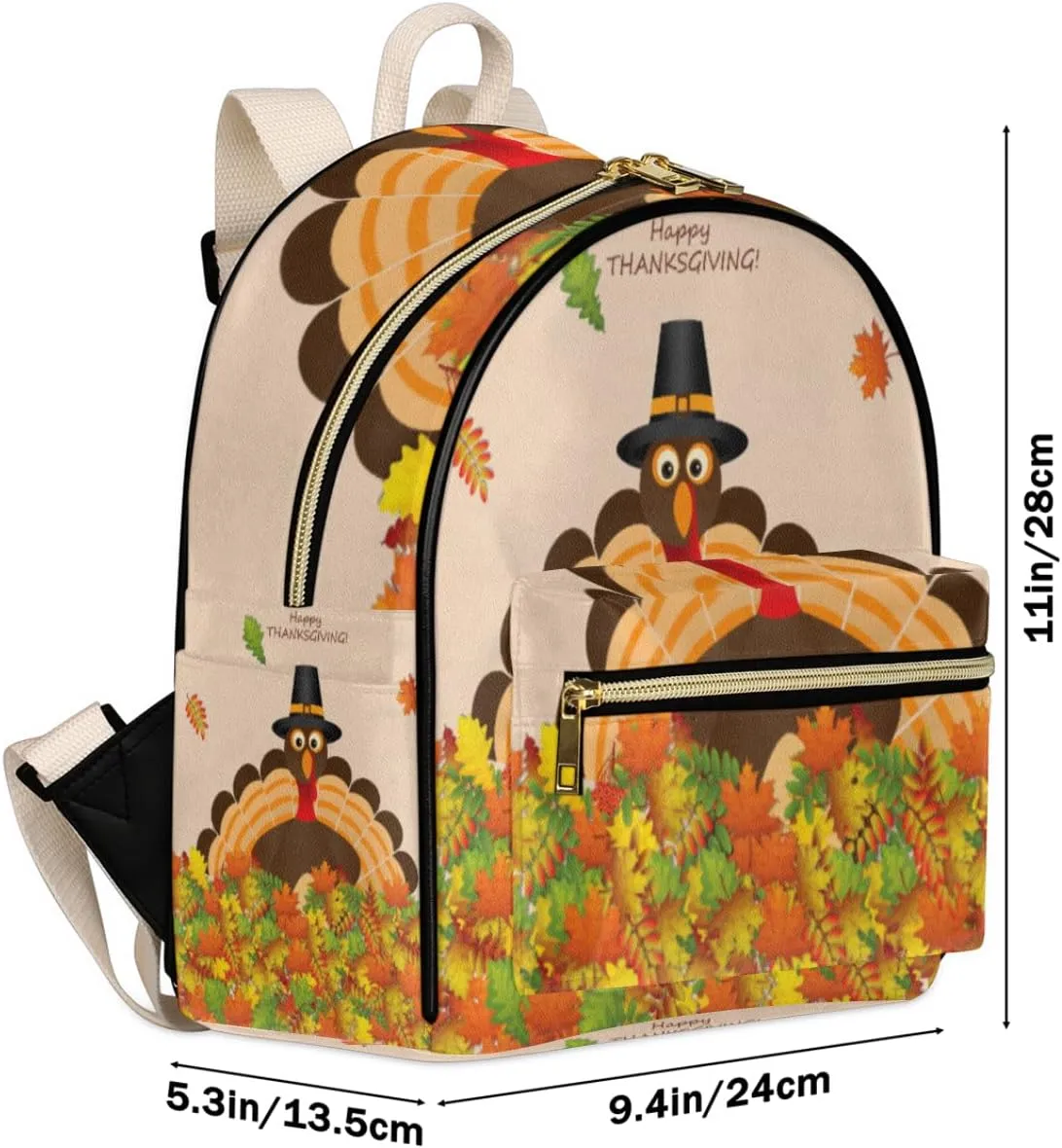 Autumn Thanksgiving Turkey Mini Backpack Purse for Women Teen Girls, Fall Leaves Leather Small Backpack Lightweight Casual Travel Daypacks Shoulder Bag for Fashion