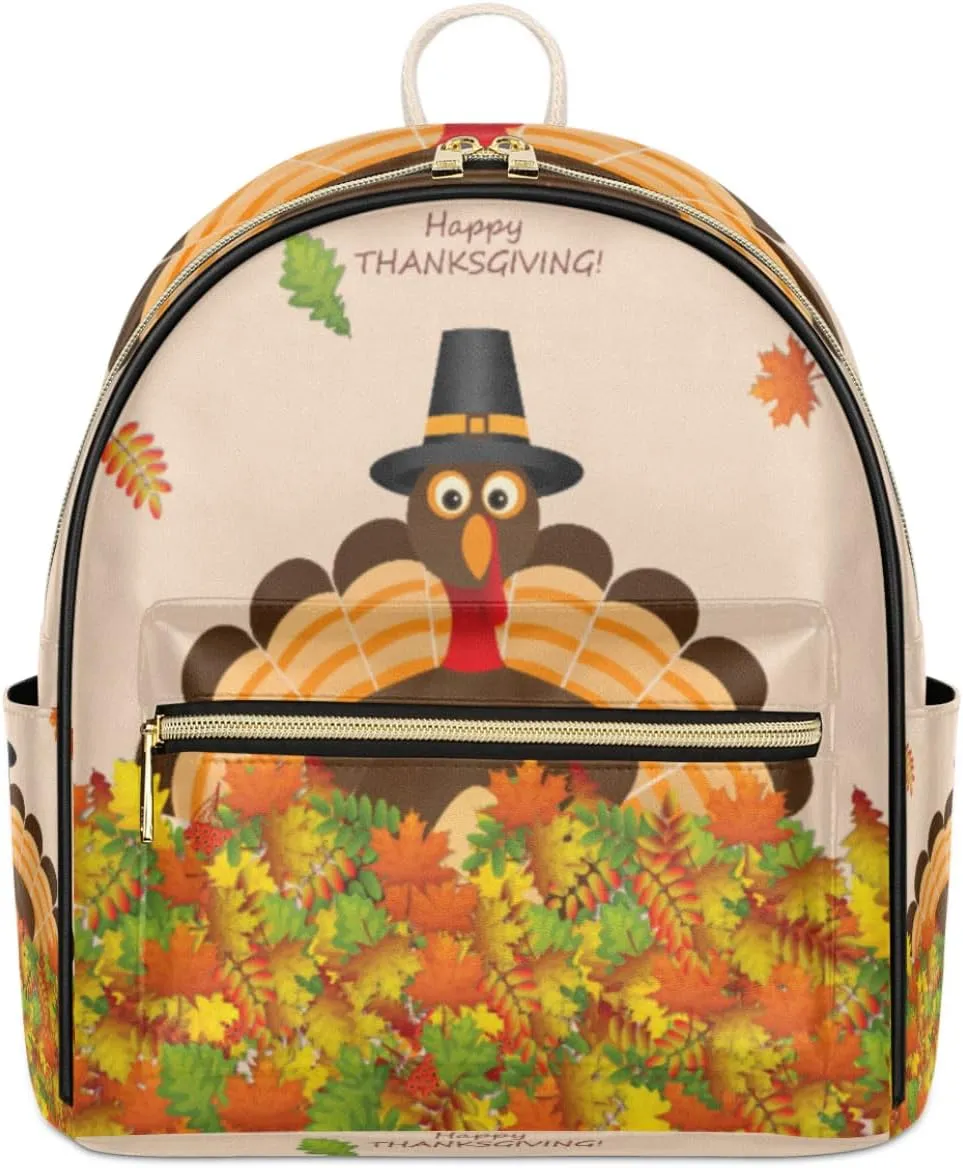 Autumn Thanksgiving Turkey Mini Backpack Purse for Women Teen Girls, Fall Leaves Leather Small Backpack Lightweight Casual Travel Daypacks Shoulder Bag for Fashion