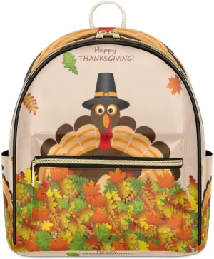 Autumn Thanksgiving Turkey Mini Backpack Purse for Women Teen Girls, Fall Leaves Leather Small Backpack Lightweight Casual Travel Daypacks Shoulder Bag for Fashion