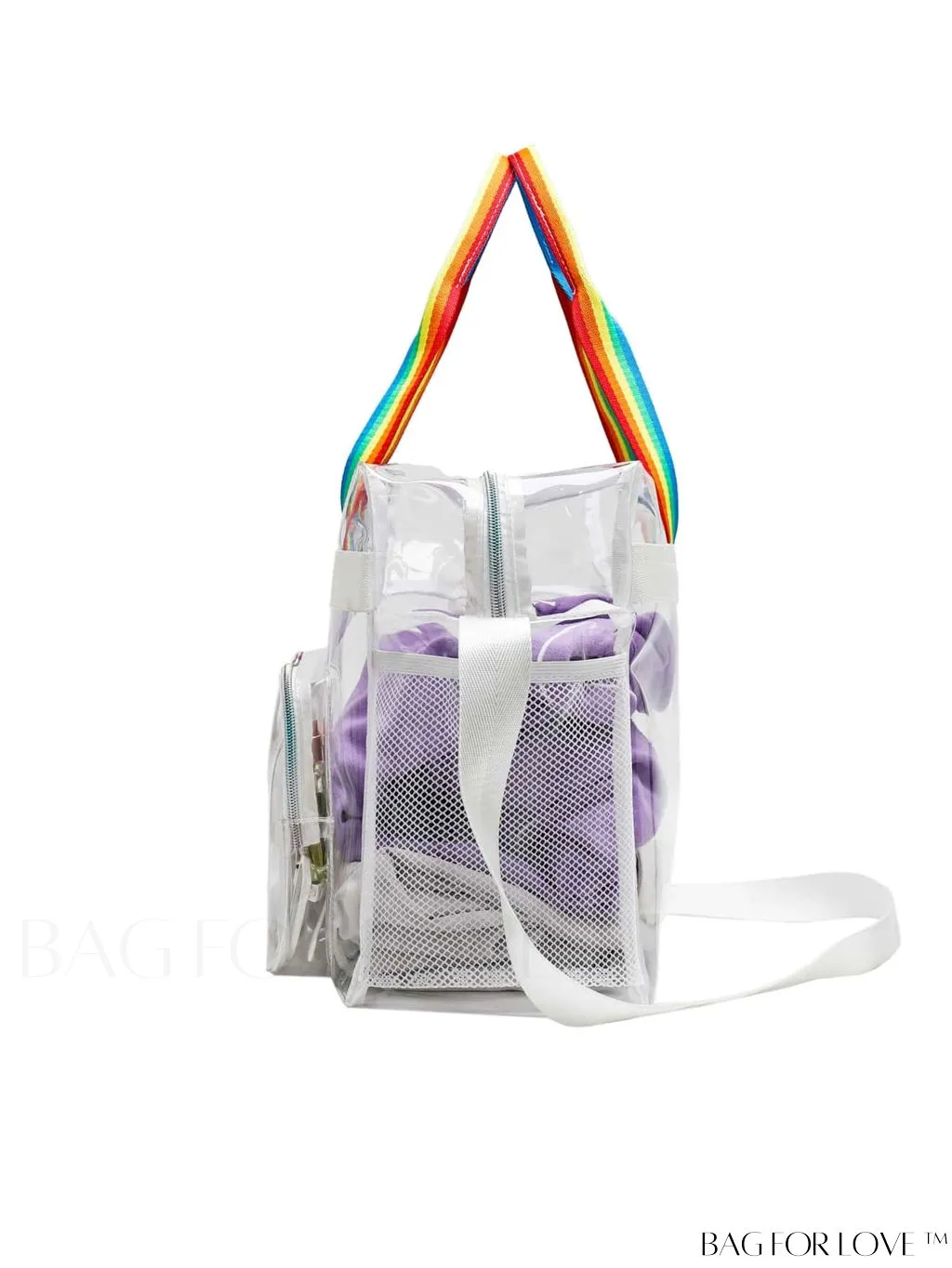 BagForLove - Rainbow Striped Handle Clear Beach Bag with Multiple Pockets