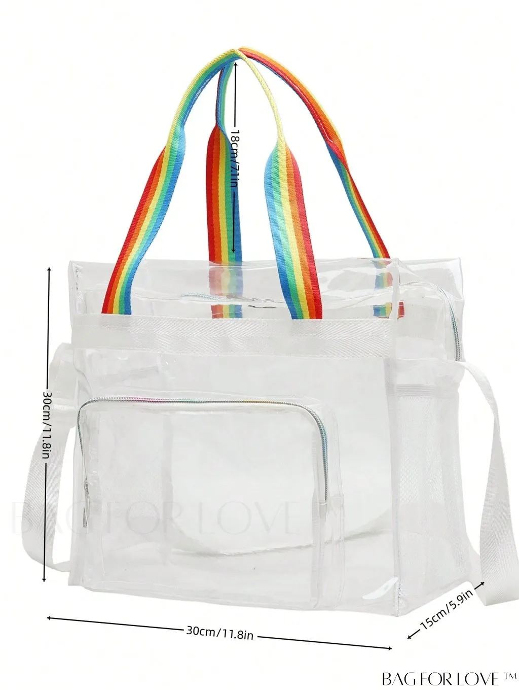 BagForLove - Rainbow Striped Handle Clear Beach Bag with Multiple Pockets