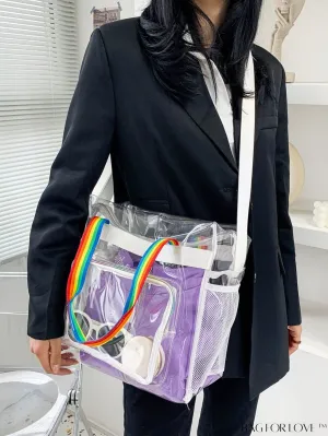 BagForLove - Rainbow Striped Handle Clear Beach Bag with Multiple Pockets