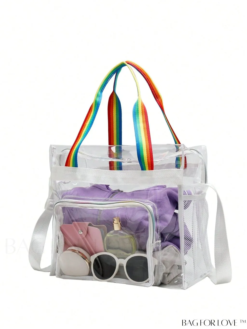 BagForLove - Rainbow Striped Handle Clear Beach Bag with Multiple Pockets
