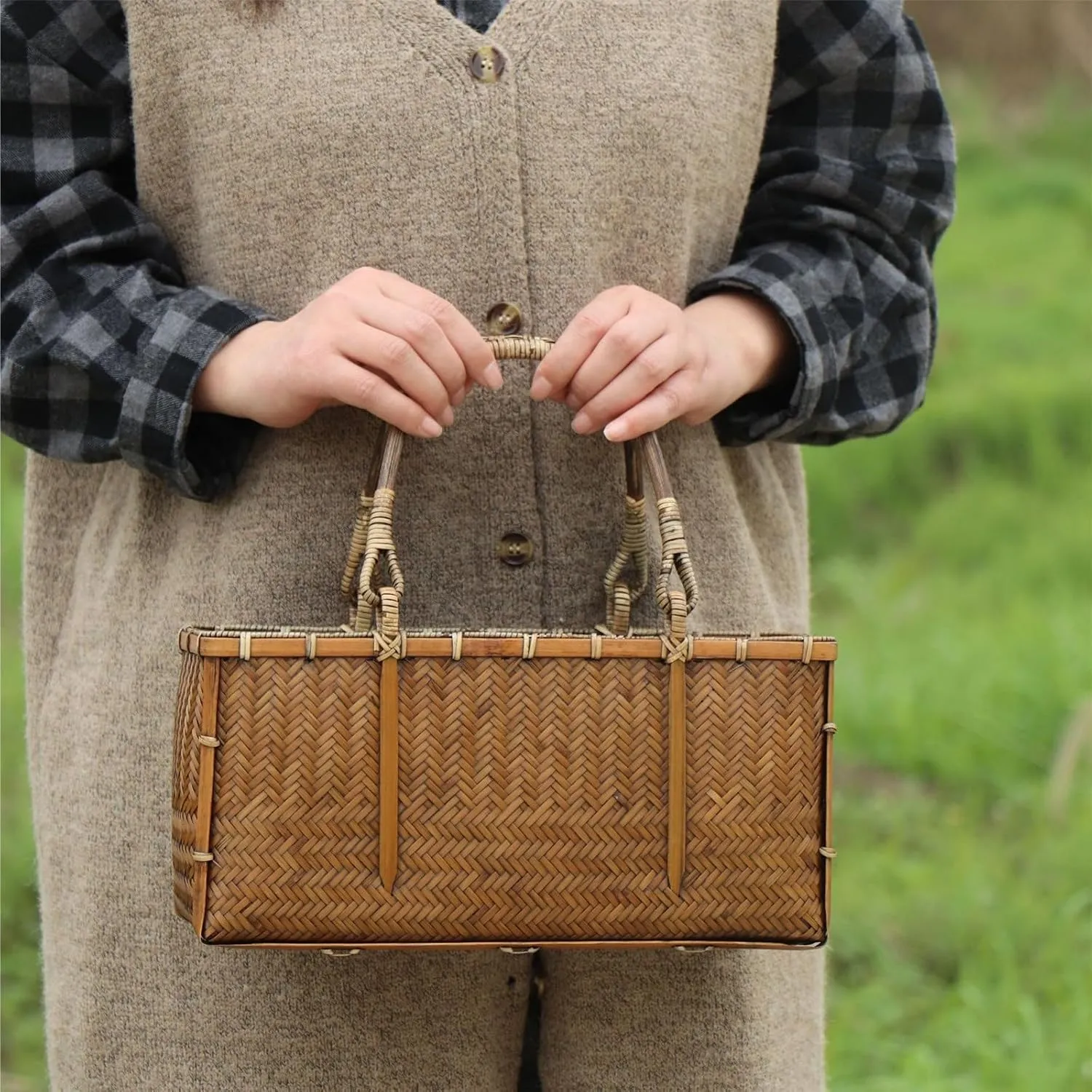 Bamboo Woven Bag Women's Summer Beach Bag Vintage Handle Storage Bags Long Bags Beach Vacation Bag