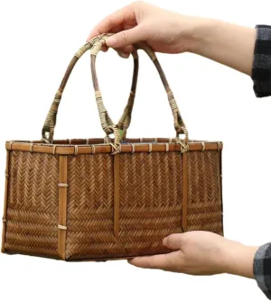 Bamboo Woven Bag Women's Summer Beach Bag Vintage Handle Storage Bags Long Bags Beach Vacation Bag