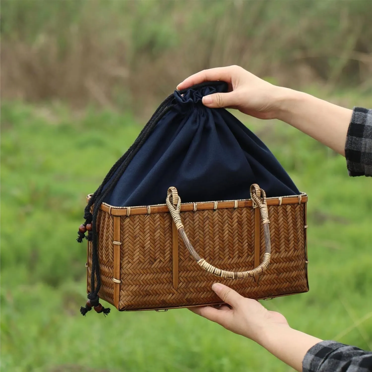 Bamboo Woven Bag Women's Summer Beach Bag Vintage Handle Storage Bags Long Bags Beach Vacation Bag