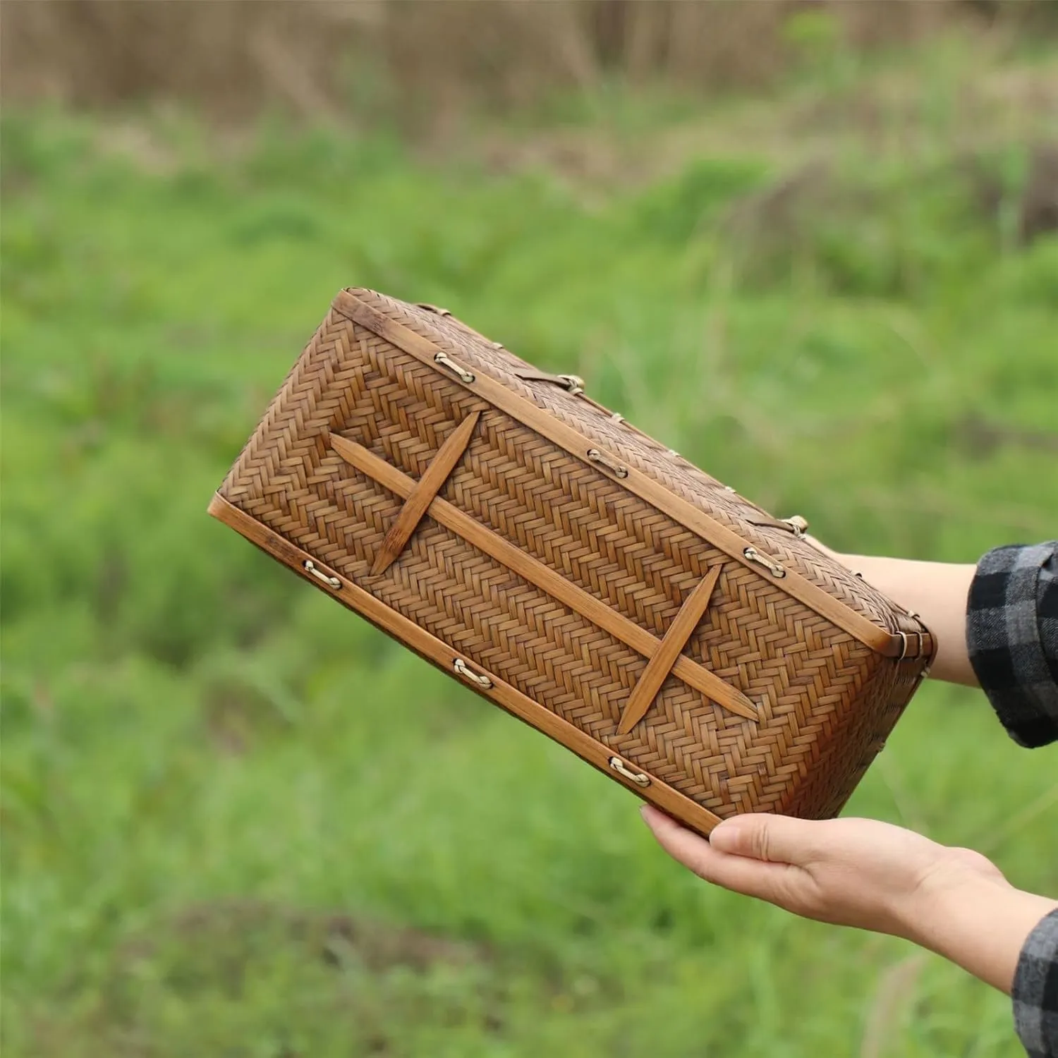 Bamboo Woven Bag Women's Summer Beach Bag Vintage Handle Storage Bags Long Bags Beach Vacation Bag