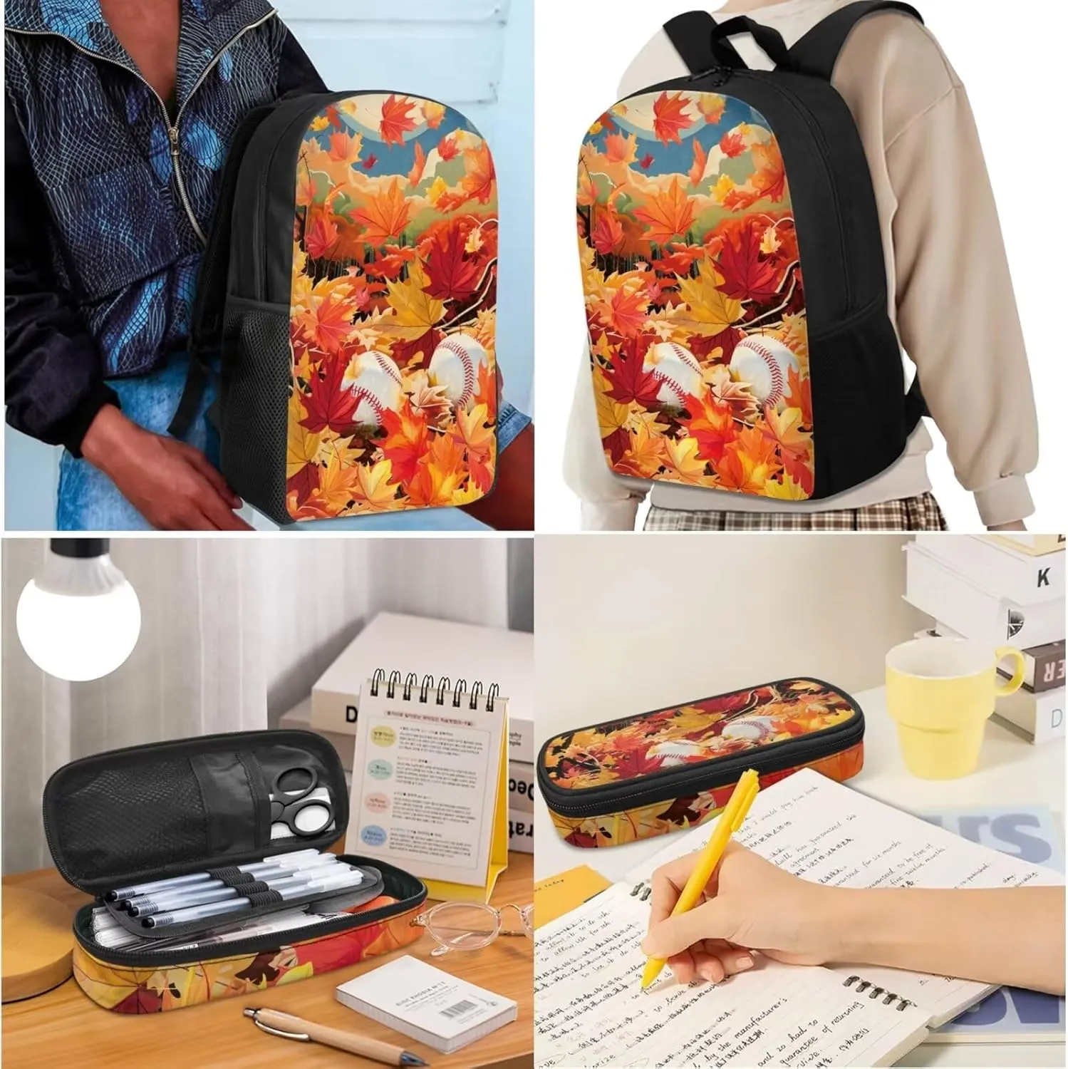 Baseball Fall Maple Leaves Print Kids School Bag Set for Girls Boys, Book Bag with Lunch Bag and Pen Case,Sturdy Sport Travel Essentials Middle Hight School Thanksgiving Day Gift (Orange)