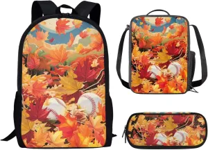 Baseball Fall Maple Leaves Print Kids School Bag Set for Girls Boys, Book Bag with Lunch Bag and Pen Case,Sturdy Sport Travel Essentials Middle Hight School Thanksgiving Day Gift (Orange)