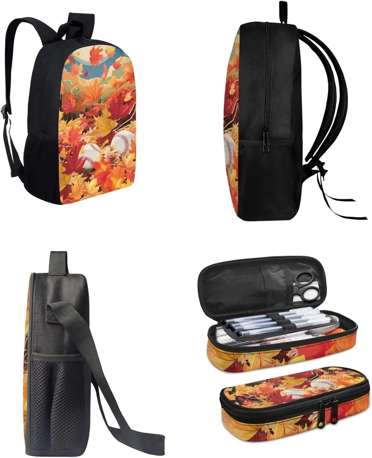 Baseball Fall Maple Leaves Print Kids School Bag Set for Girls Boys, Book Bag with Lunch Bag and Pen Case,Sturdy Sport Travel Essentials Middle Hight School Thanksgiving Day Gift (Orange)