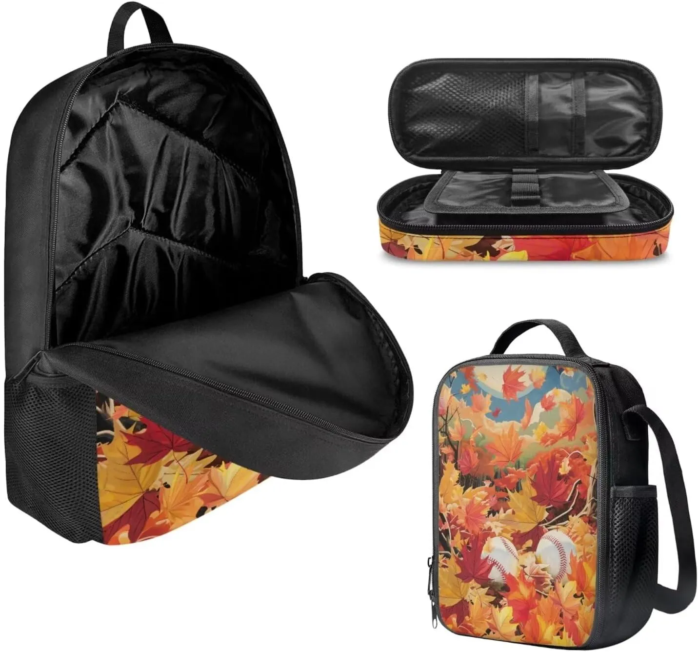 Baseball Fall Maple Leaves Print Kids School Bag Set for Girls Boys, Book Bag with Lunch Bag and Pen Case,Sturdy Sport Travel Essentials Middle Hight School Thanksgiving Day Gift (Orange)