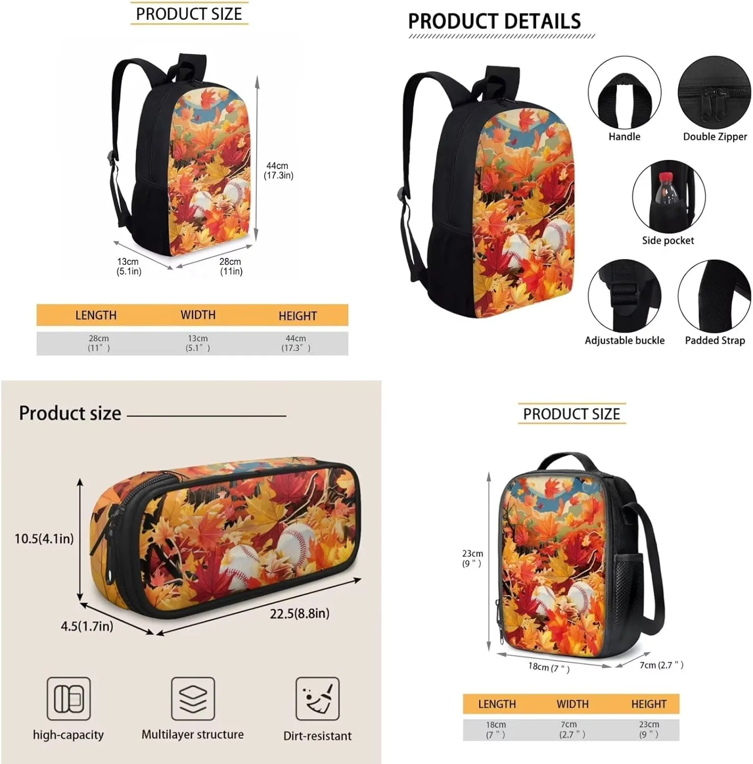 Baseball Fall Maple Leaves Print Kids School Bag Set for Girls Boys, Book Bag with Lunch Bag and Pen Case,Sturdy Sport Travel Essentials Middle Hight School Thanksgiving Day Gift (Orange)