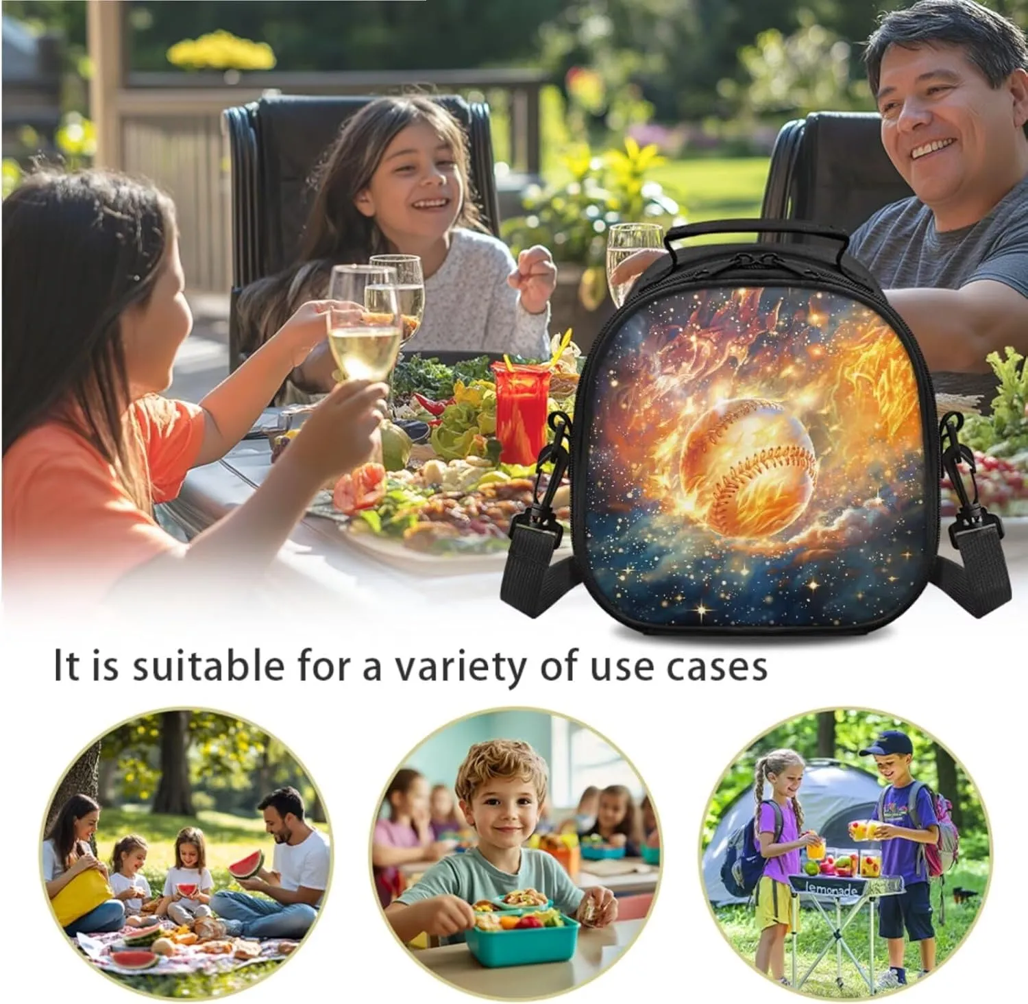 Baseball Kids Lunch Bag with Strap and Dinnerware Organizer for Knife Fork Spoons Durable Adjustable Shoulder Lunch Bag for Boys with Flatware Storage Bag for School