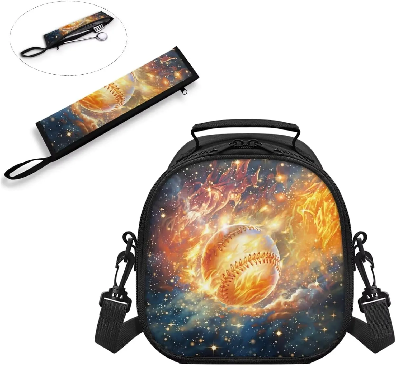 Baseball Kids Lunch Bag with Strap and Dinnerware Organizer for Knife Fork Spoons Durable Adjustable Shoulder Lunch Bag for Boys with Flatware Storage Bag for School