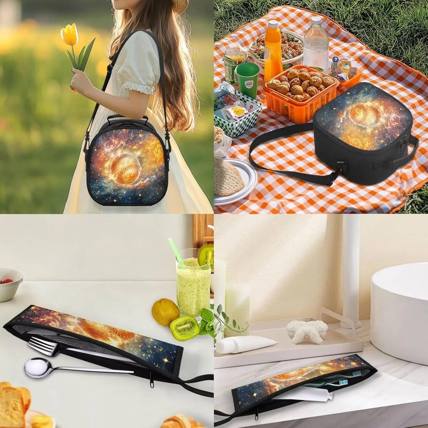 Baseball Kids Lunch Bag with Strap and Dinnerware Organizer for Knife Fork Spoons Durable Adjustable Shoulder Lunch Bag for Boys with Flatware Storage Bag for School