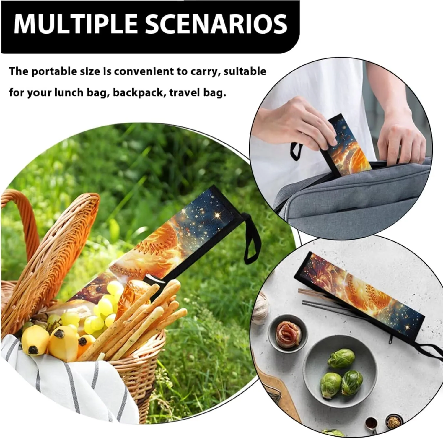 Baseball Kids Lunch Bag with Strap and Dinnerware Organizer for Knife Fork Spoons Durable Adjustable Shoulder Lunch Bag for Boys with Flatware Storage Bag for School