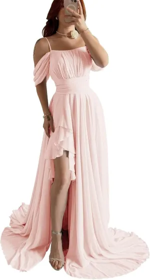Basgute Off The Shoulder Chiffon Bridesmaid Dresses with Slit Long A Line Pleated Ruffles Formal Evening Gown for Women