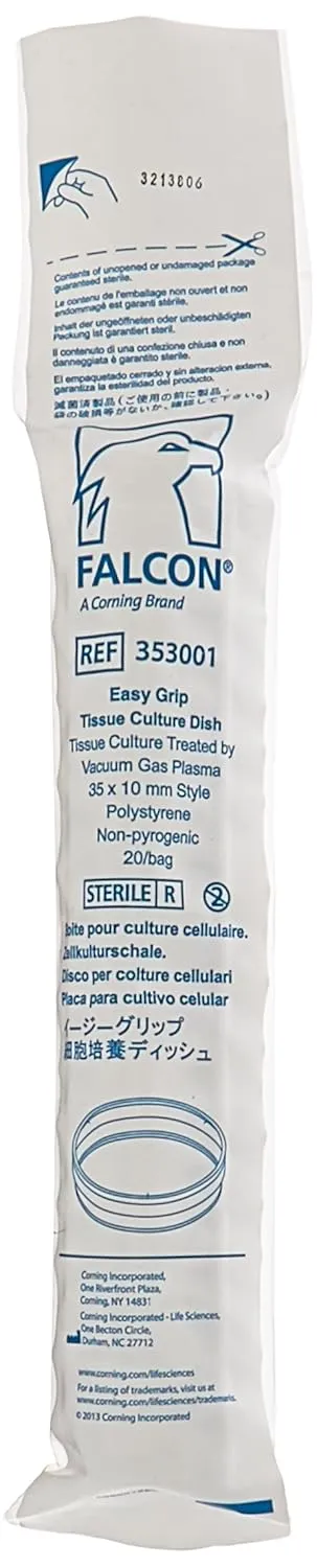 BD 353001 Falcon Easy-Grip Clear Polystyrene Cell Culture Dish, 35mm Diameter x 10mm Height, 2.5-3.0mL Capacity (Case of 500)
