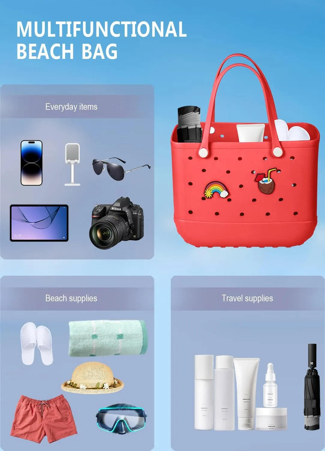 Beach Bag Rubber Tote Bag Waterproof Travel Bags for Women Washable Tote Bag Handbag for Sports Beach Market Pool