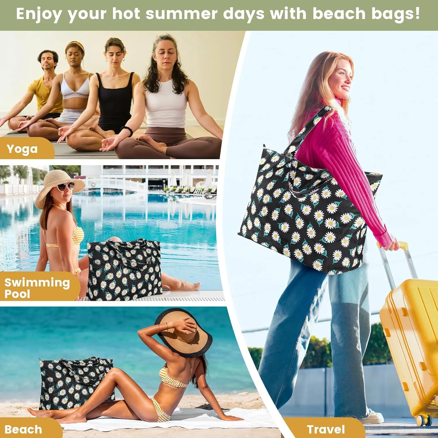 Beach Bags For Women - Large Beach Bags with Zipper Waterproof Sandproof Swim Pool Beach Bag