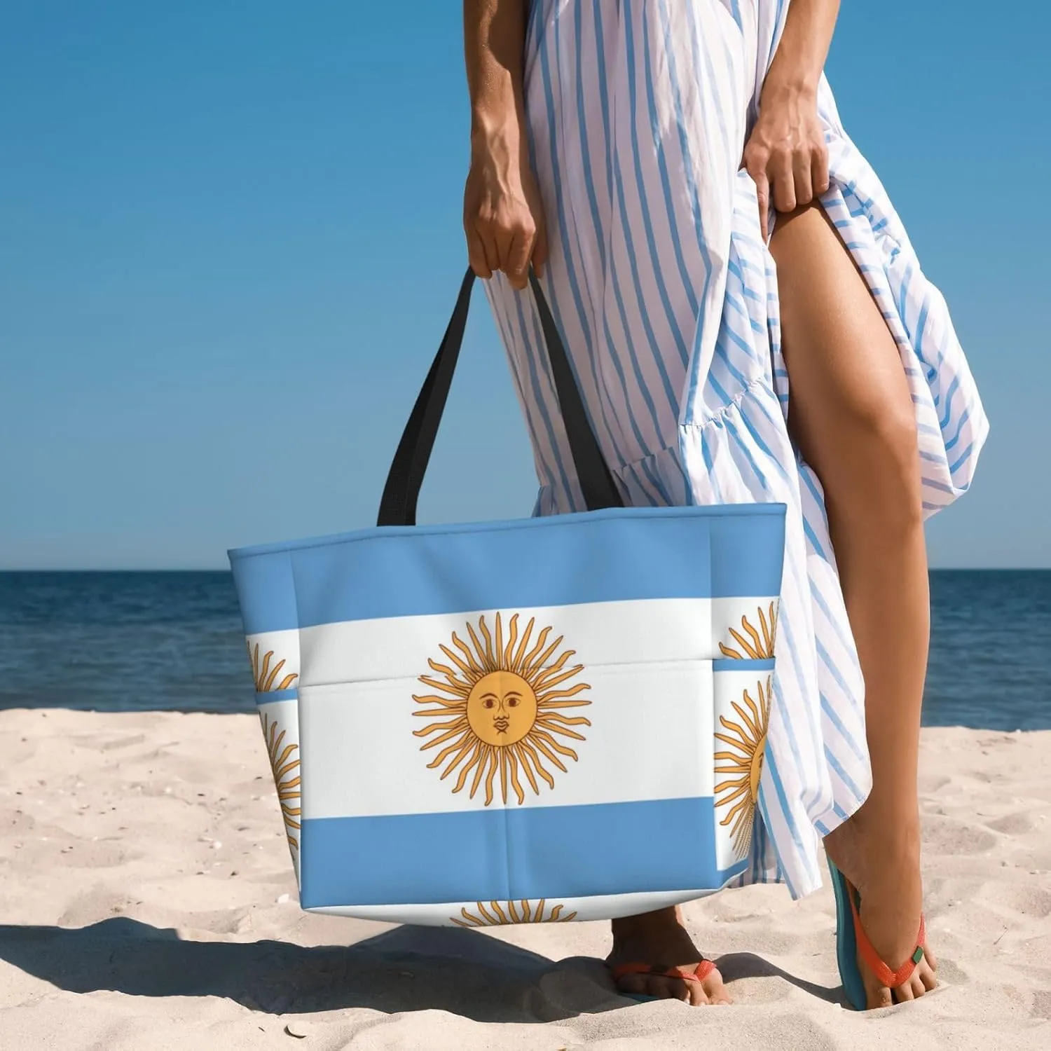 Beach Tote Pool Bags for Women-Cute Flag Day Large Gym Grocery Tote Travel Towel Bag Handbags,7 Pockets, Zipper