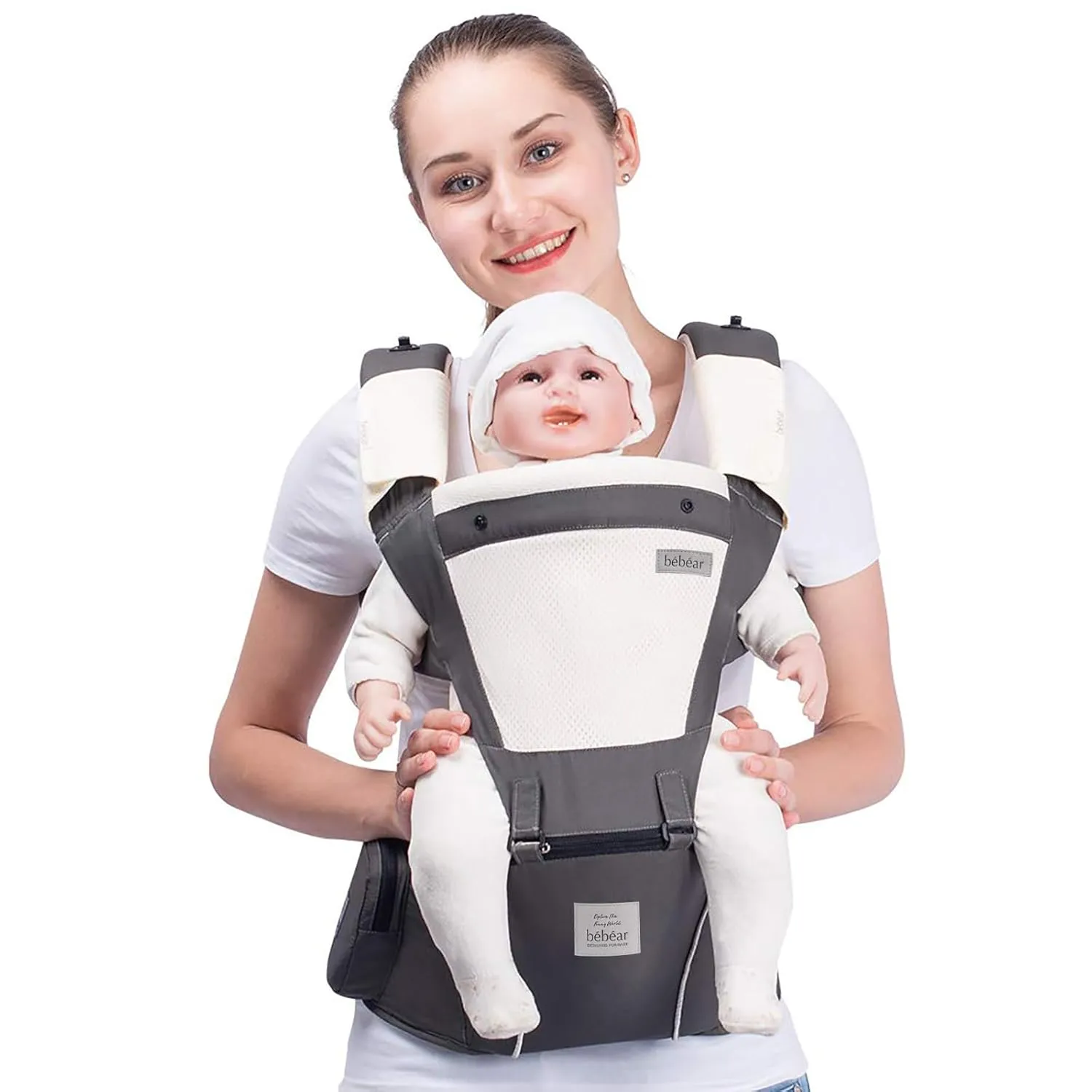 Bebamour Baby Carrier Newborn to Toddler-2 in 1 Hip Seat & Carrier Front and Back Carry with Head Hood & 3 Pieces Teething Pads& Waist Extenders & Storage Bag 0-36 Months (Dark Grey)