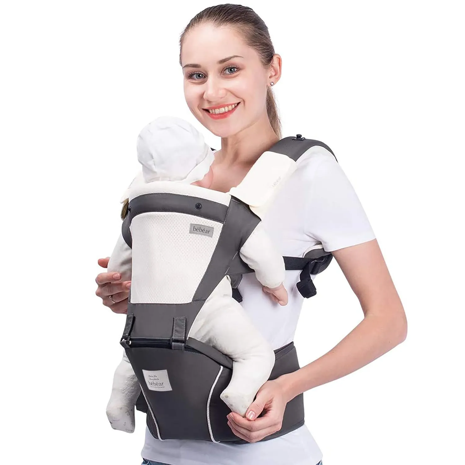 Bebamour Baby Carrier Newborn to Toddler-2 in 1 Hip Seat & Carrier Front and Back Carry with Head Hood & 3 Pieces Teething Pads& Waist Extenders & Storage Bag 0-36 Months (Dark Grey)
