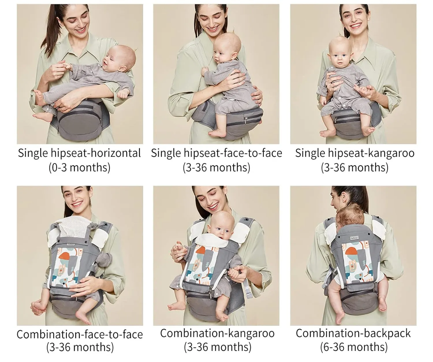 Bebamour Baby Carrier Newborn to Toddler-2 in 1 Hip Seat & Carrier Front and Back Carry with Head Hood & 3 Pieces Teething Pads& Waist Extenders & Storage Bag 0-36 Months (Dark Grey)