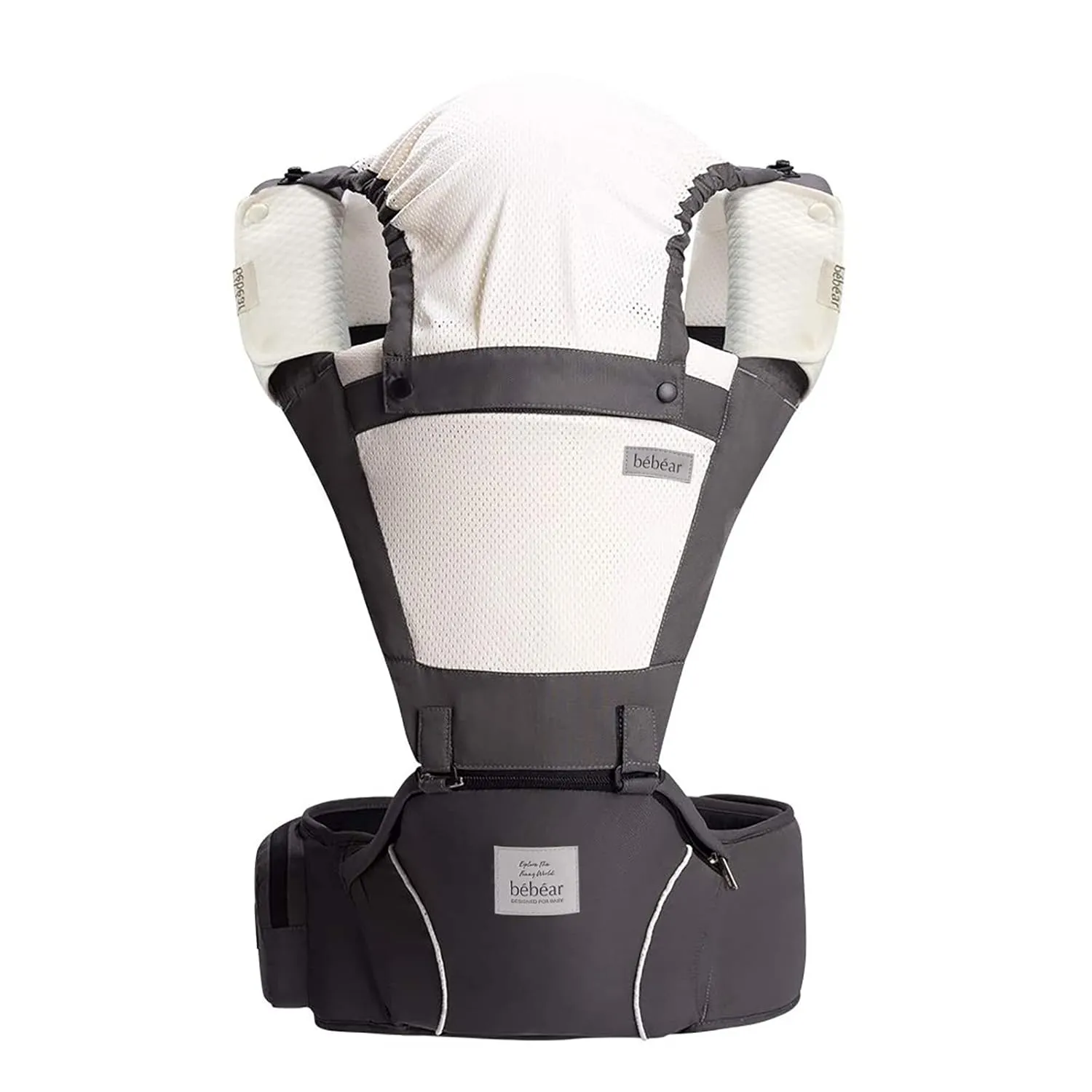 Bebamour Baby Carrier Newborn to Toddler-2 in 1 Hip Seat & Carrier Front and Back Carry with Head Hood & 3 Pieces Teething Pads& Waist Extenders & Storage Bag 0-36 Months (Dark Grey)