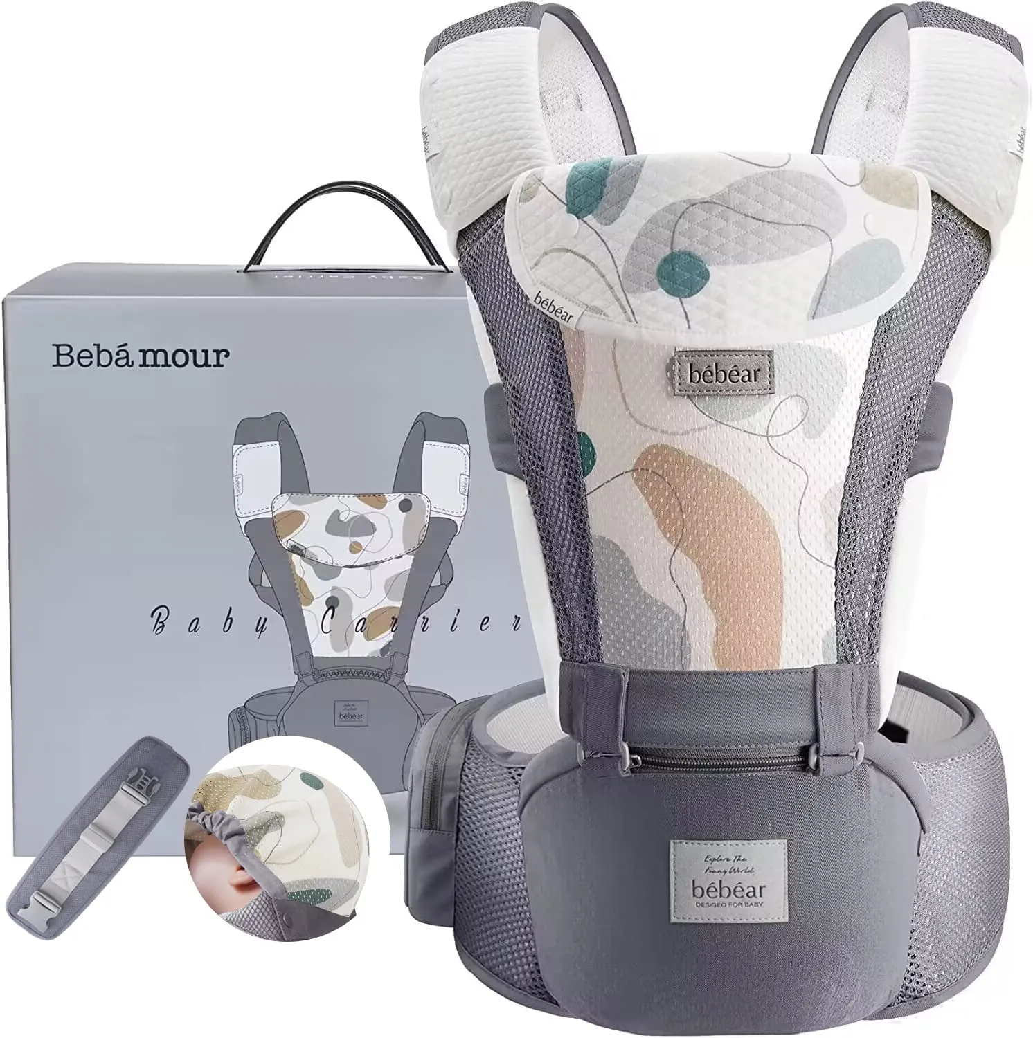 Bebamour Baby Carrier Newborn to Toddler-2 in 1 Hip Seat & Carrier Front and Back Carry with Head Hood & 3 Pieces Teething Pads& Waist Extenders & Storage Bag 0-36 Months (Dark Grey)