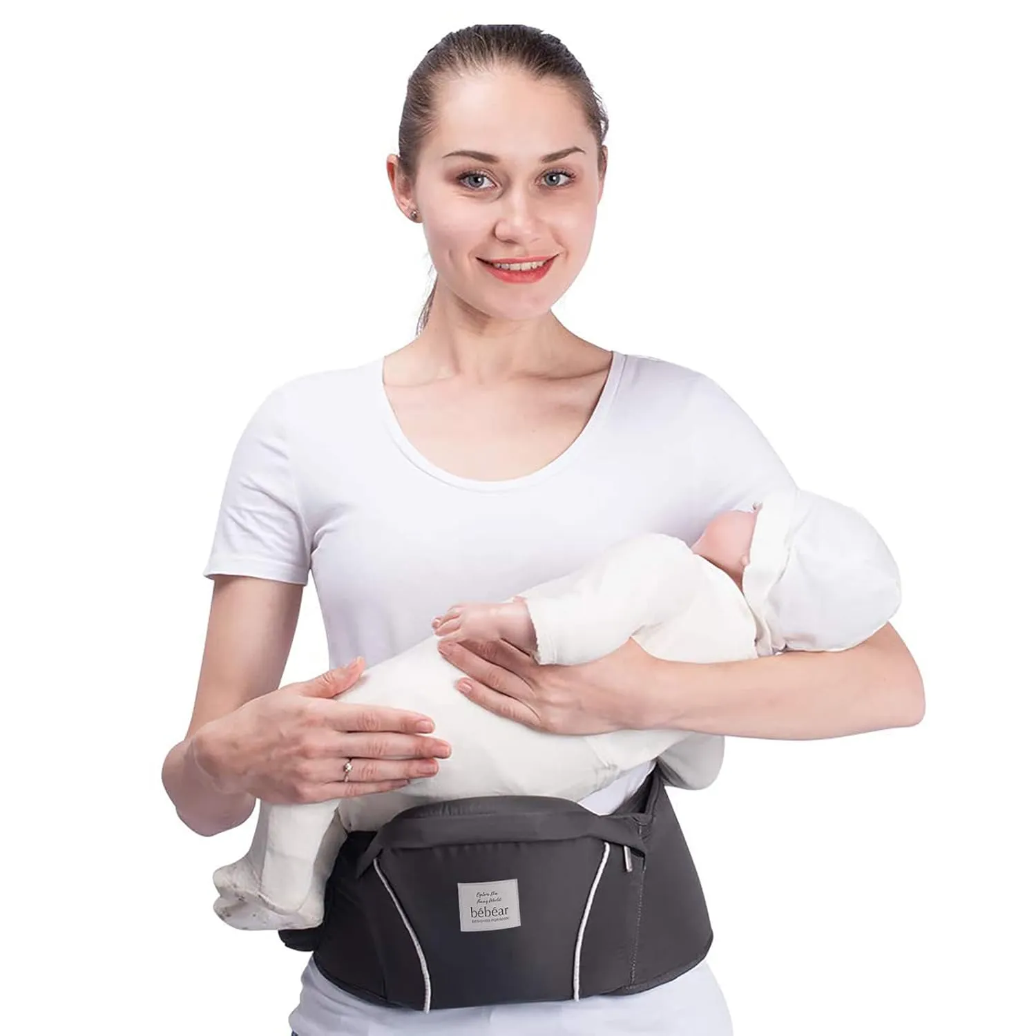 Bebamour Baby Carrier Newborn to Toddler-2 in 1 Hip Seat & Carrier Front and Back Carry with Head Hood & 3 Pieces Teething Pads& Waist Extenders & Storage Bag 0-36 Months (Dark Grey)