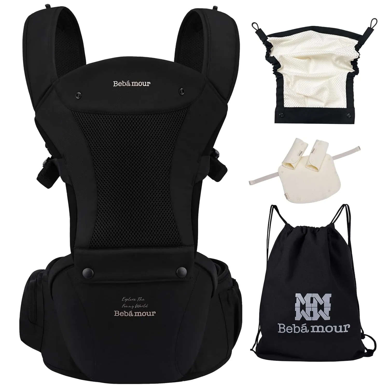 Bebamour Baby Carrier Safety-Certified Hip Seat Baby Carrier Newborn to Toddler Baby Hipseat 0-36Months with Head Hood, 3 PCS Teething Pads, Waist Extender & Storage Bag, Black