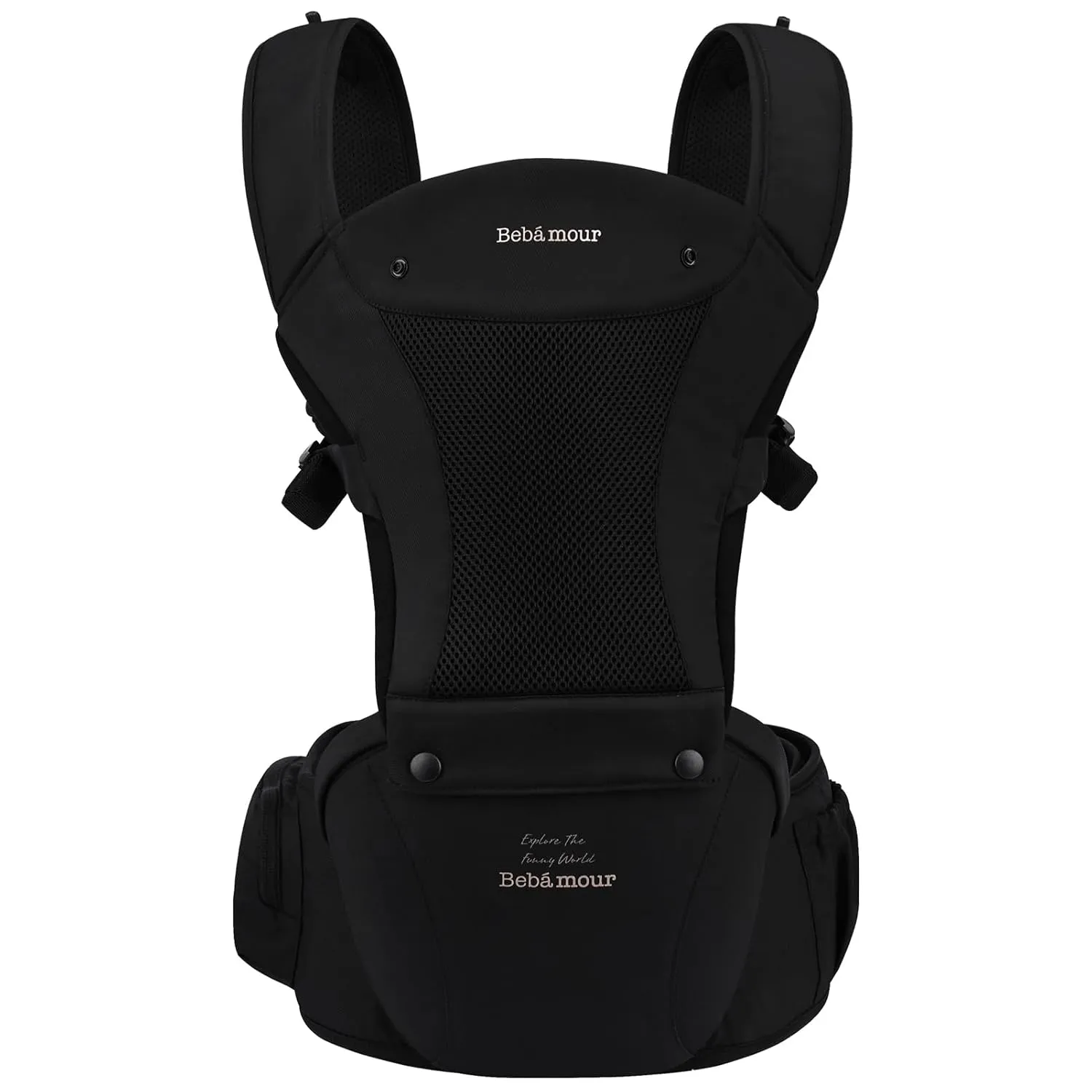 Bebamour Baby Carrier Safety-Certified Hip Seat Baby Carrier Newborn to Toddler Baby Hipseat 0-36Months with Head Hood, 3 PCS Teething Pads, Waist Extender & Storage Bag, Black