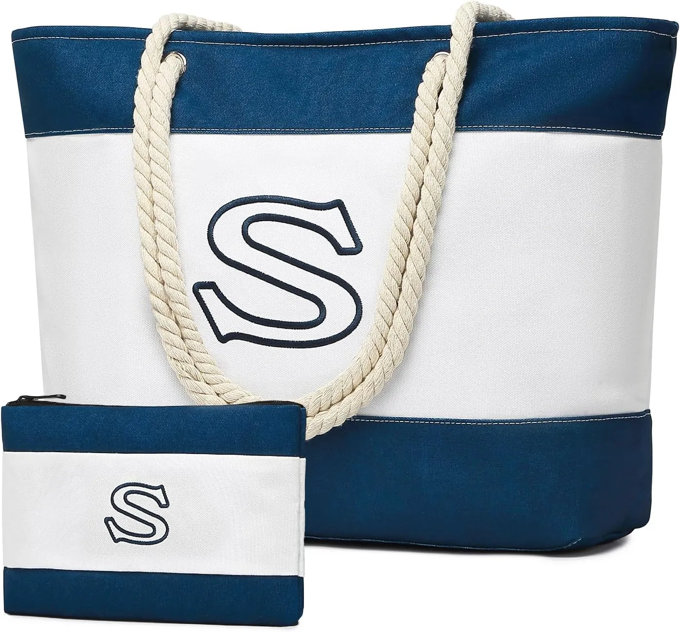 Becokan Initial Beach Bag Waterproof Canvas Beach Tote Bag Zipper Personalized Gifts for Women Her Birthday Travel Essentials