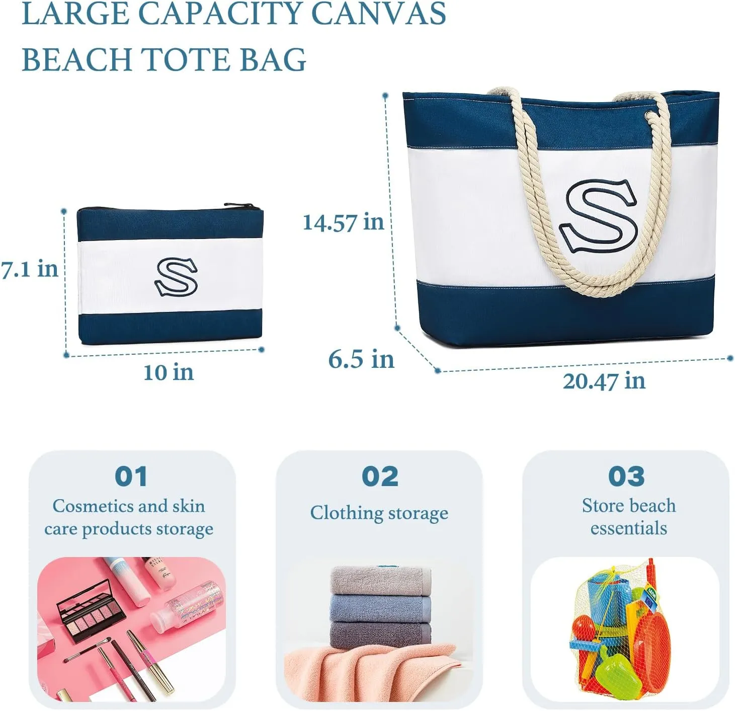 Becokan Initial Beach Bag Waterproof Canvas Beach Tote Bag Zipper Personalized Gifts for Women Her Birthday Travel Essentials