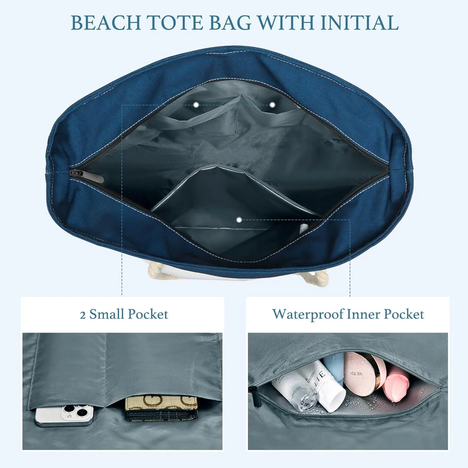 Becokan Initial Beach Bag Waterproof Canvas Beach Tote Bag Zipper Personalized Gifts for Women Her Birthday Travel Essentials