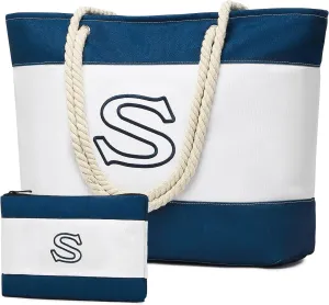 Becokan Initial Beach Bag Waterproof Canvas Beach Tote Bag Zipper Personalized Gifts for Women Her Birthday Travel Essentials