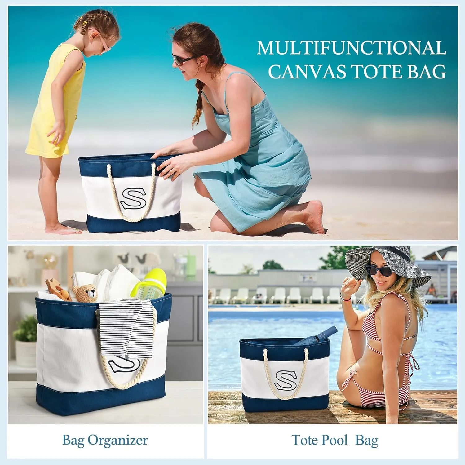 Becokan Initial Beach Bag Waterproof Canvas Beach Tote Bag Zipper Personalized Gifts for Women Her Birthday Travel Essentials