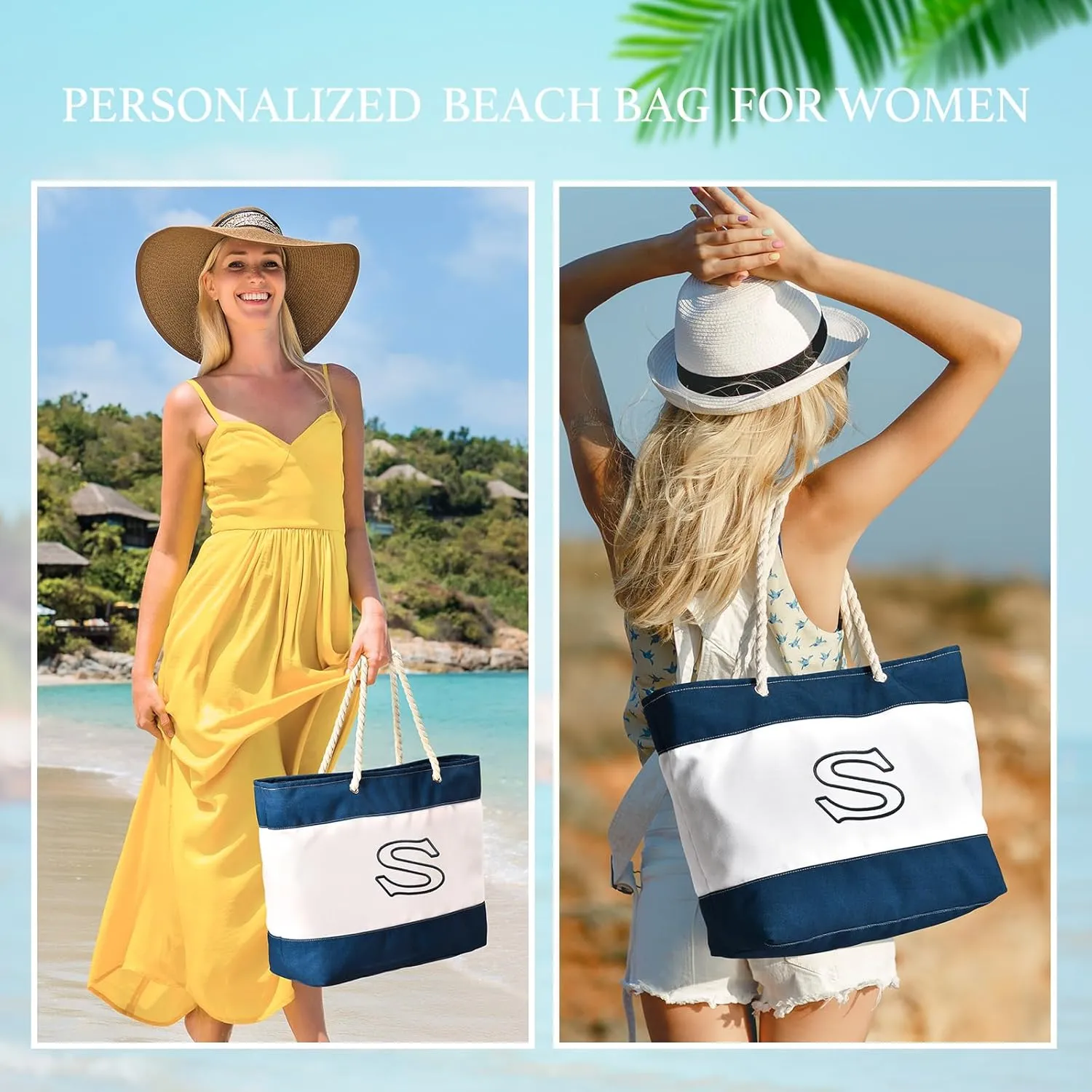 Becokan Initial Beach Bag Waterproof Canvas Beach Tote Bag Zipper Personalized Gifts for Women Her Birthday Travel Essentials