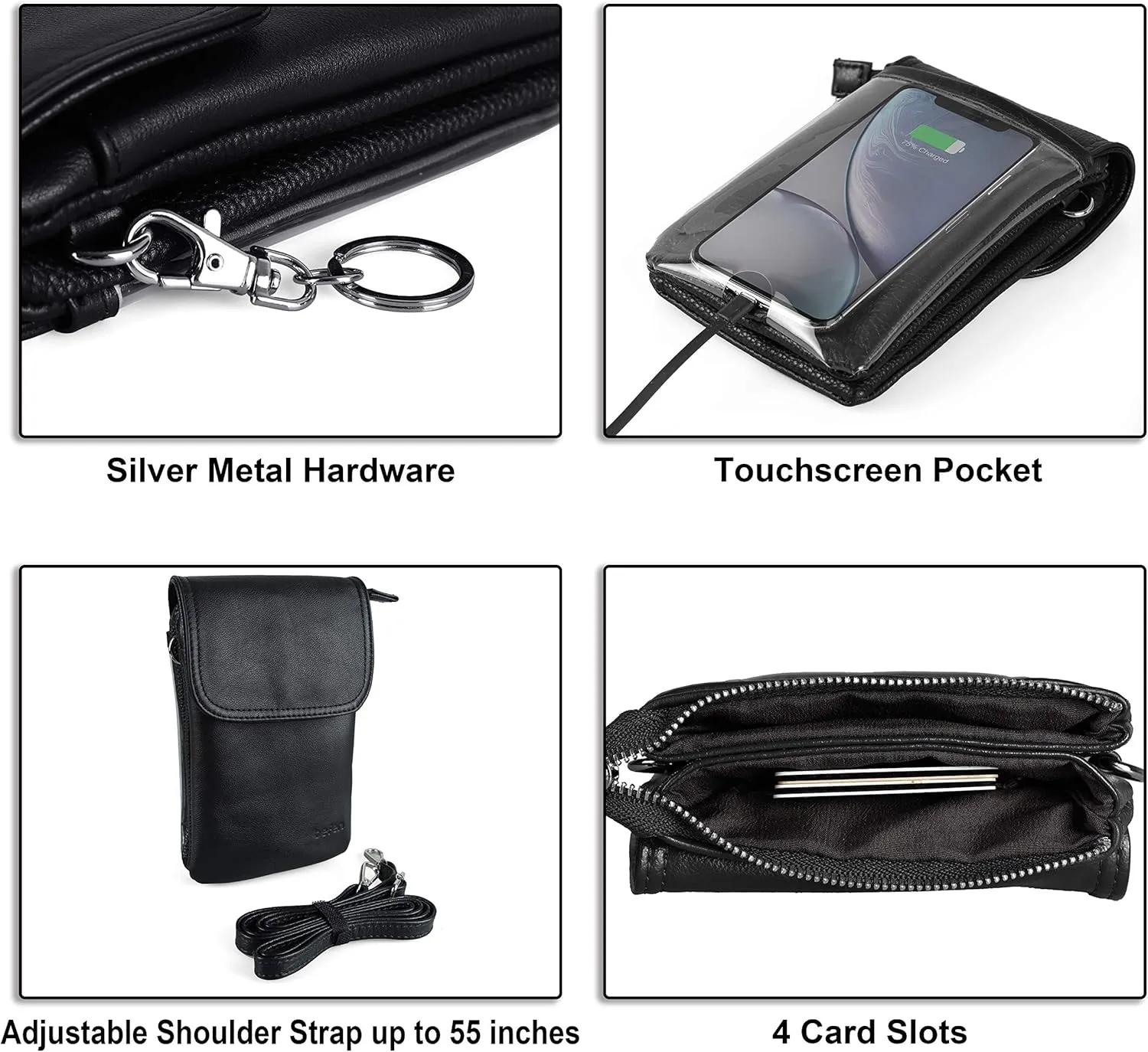 befen Genuine Leather Small Crossbody Bags for Women Cell Phone Bag Cross Body Purses,Silver Zipper