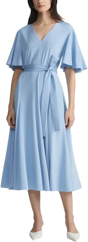 Belted Flounced Sleeve Silk-Blend Dress