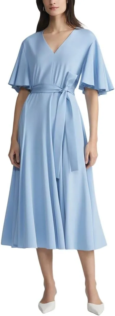 Belted Flounced Sleeve Silk-Blend Dress