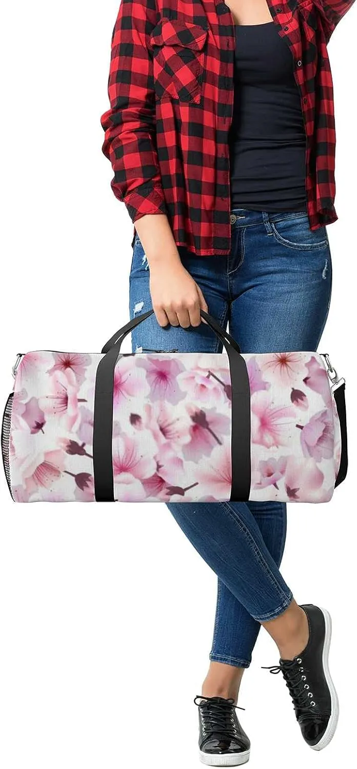 Blossoming Oriental Cherry Flowers Sports Duffel Bag Travel Gym Tote Bags Lightweight Durable Shoulder Strap Waterproof Polyester Outside Mesh Pocket Overnight Trip Duffel Bag for Women Men